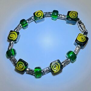 Colorful Artisan Glass Beaded Bracelet Green, Gold, Silver  ONE OF A KIND